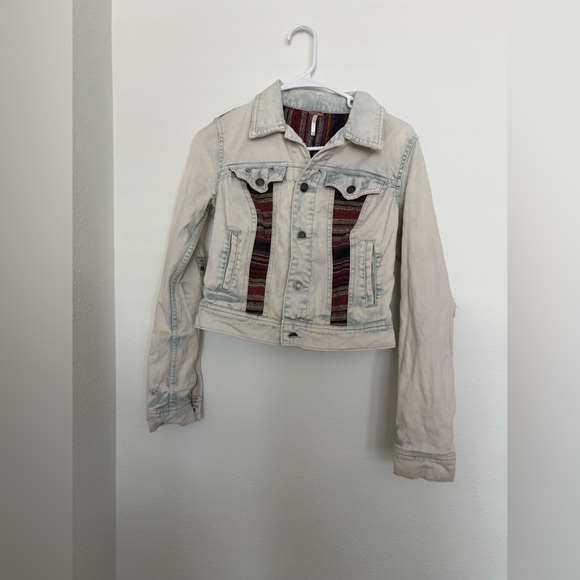 Free People Mix Baja Denim Moto Jean Jacket cropped 100% Cotton Festival size 0 - Picture 4 of 5